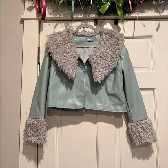 Blue B Collection Cropped Light Blue Leather Jacket with Faux Fur Trim Winter - Picture 2 of 8